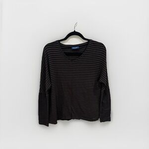 Saint James Womens Size Small Striped Top Long Sleeve Black Brown Panel Hem Logo